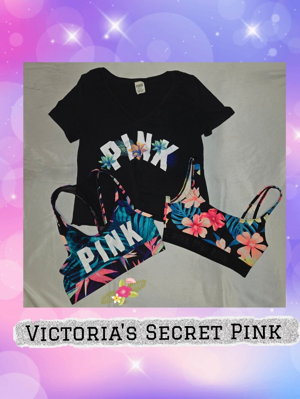 PINK Victoria's Secret Black Tee with Tropical Floral Bralettes Sz XS & M